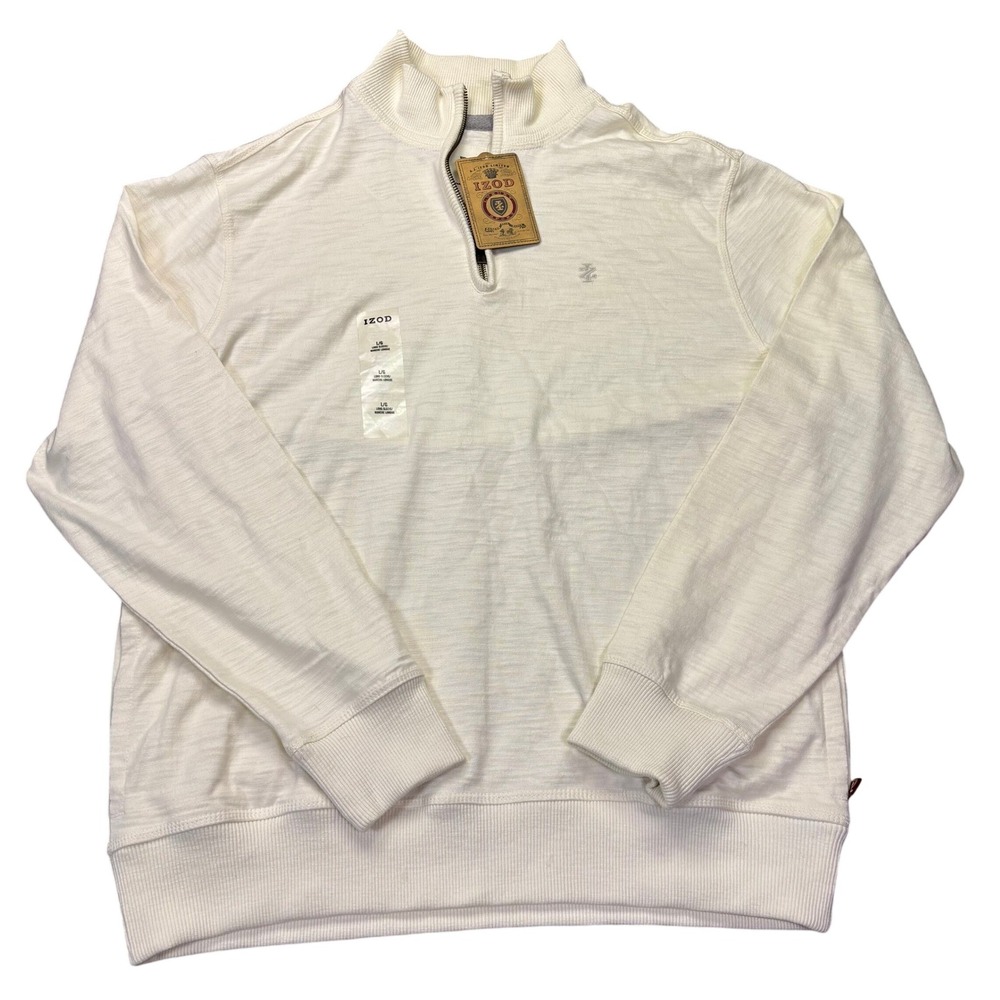 IZOD Luxury Sport Quarter Zip Pullover Men's L Off White Slub Knit‎ Sweater NWT